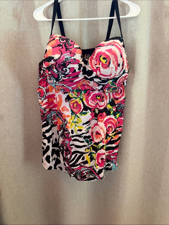 Cacique Other - Floral & Zebra Print Bustier Swim Top with Black Straps
